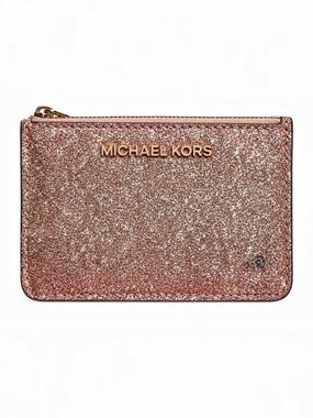 Michael Kors Rose Gold Glitter Zip Card Holder Coin Pouch Glam Sparkle